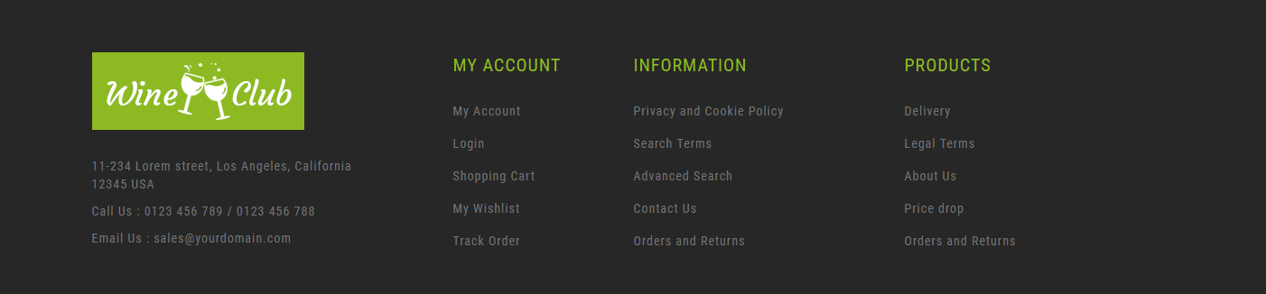 WineClub - Footer Columns Frontend