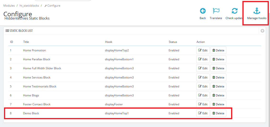 Click Manage Hooks to set Position