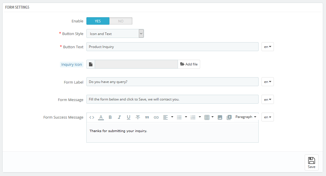 Product Inquiry Configuration